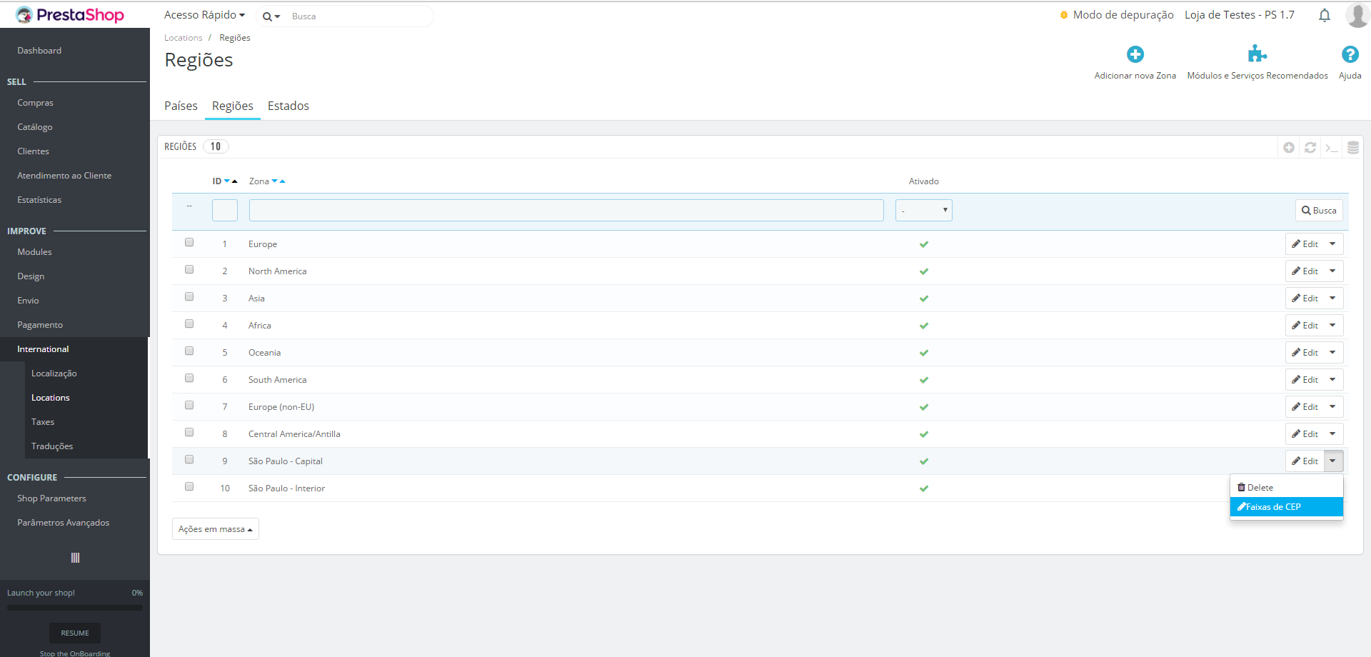 Configurando faixas de CEP para uma região em sua loja PrestaShop