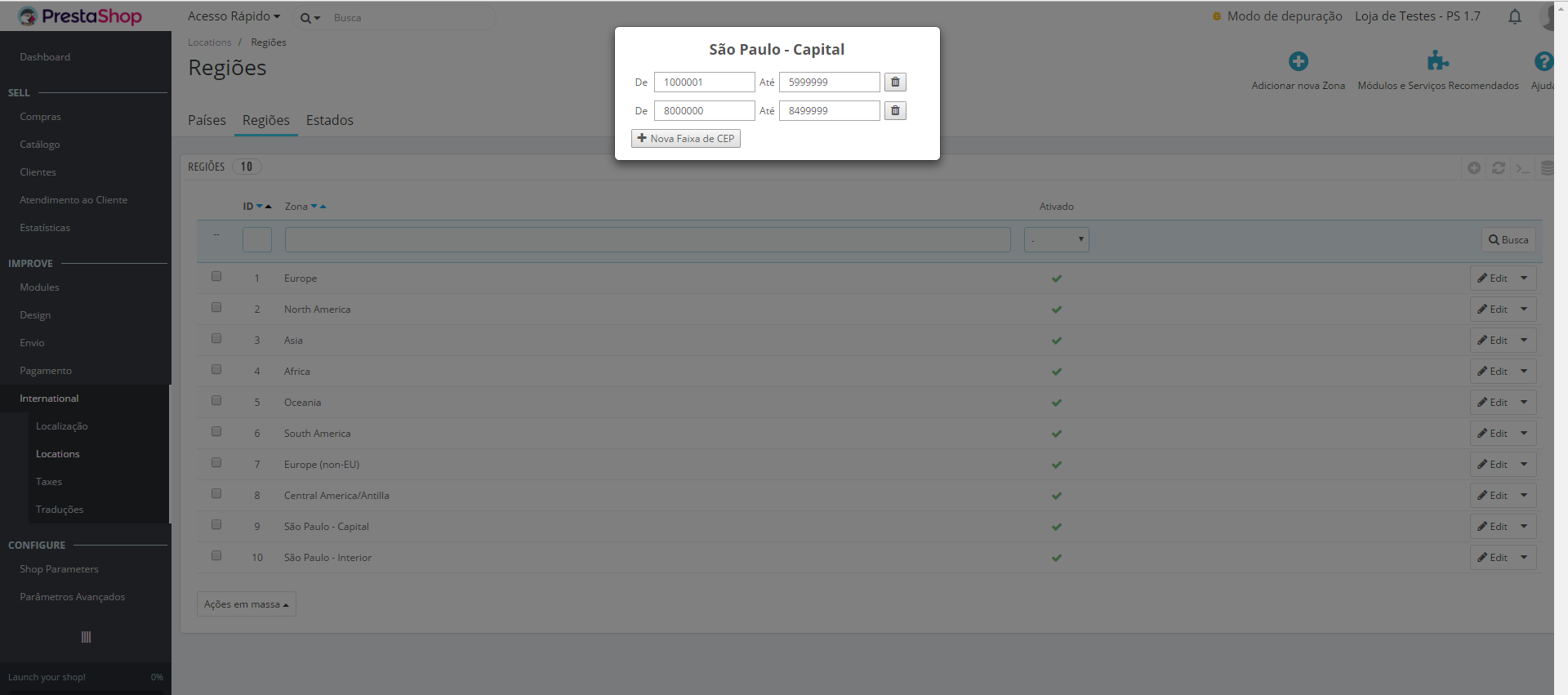 Configurando faixas de CEP para uma região em sua loja PrestaShop