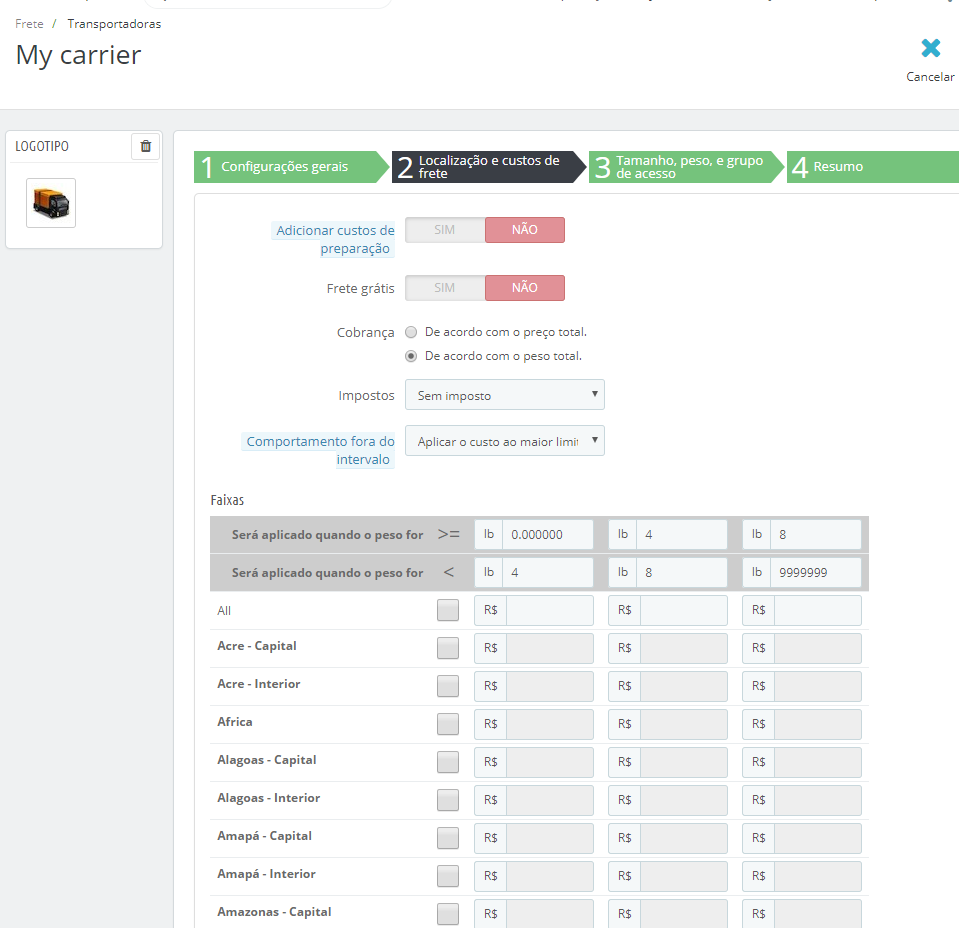 Configurando os custos do frete de uma loja PrestaShop para cada região
